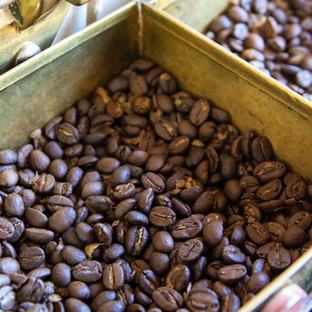 Close up shot roasted coffee beans in a tin