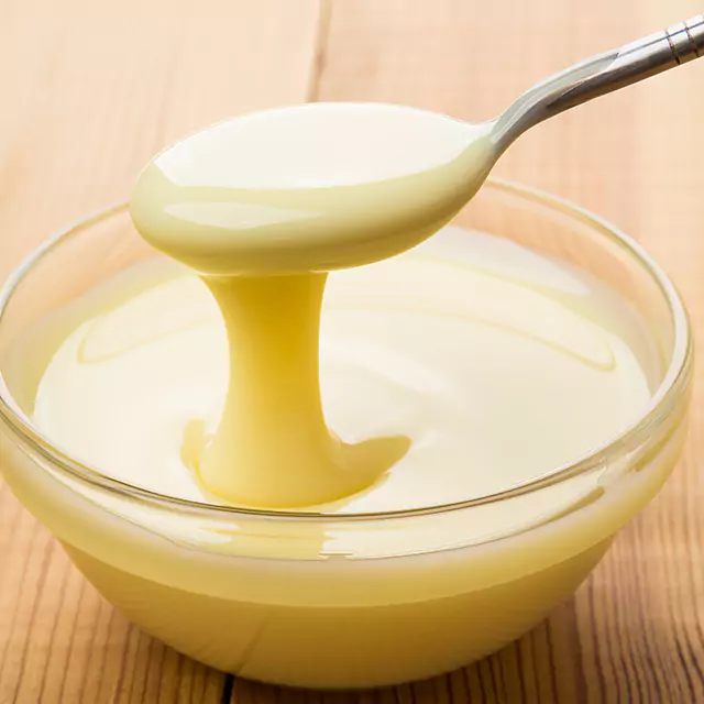 Close up shot of a bowl condensed milk